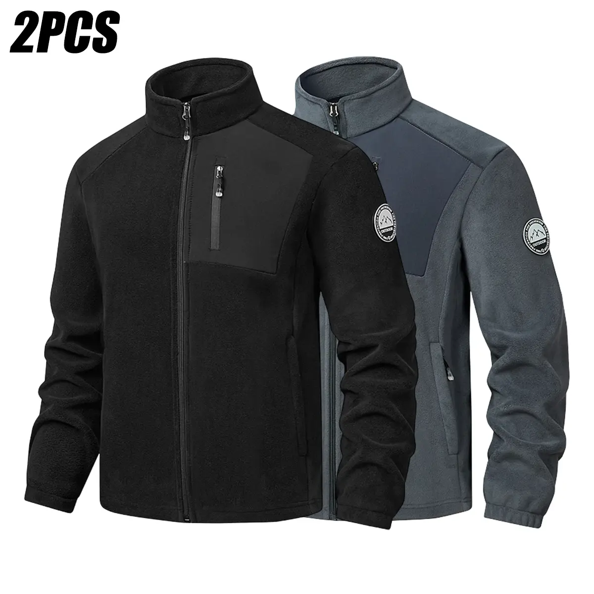 JOGAWVE 2PCS Men's Color-Block Chest Utility Pocket Full-Zip Fleece Jacket with Mountain Explorer Patch | Stand Collar Thermal Windproof Midweight Outerwear | Multi Zip Security Pockets Coat for Hiking Commute Daily Casual