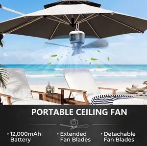 Outdoor camping ceiling fan, 12,000 mAh portable outdoor ceiling fan (with lighting), includes remote control and hook, extended blades, detachable blades. Easy-to-operate battery-powered fan light suitable for gazebos, tents, patios, and camping settings