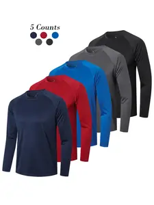 Men's Solid Round Neck Long Sleeve Sports Tee, Athletic Fit Quick Drying Breathable Crew Neck T-Shirt for Gym Workout Running, Casual Sportswear for Men, Gym Wear, Athletic Apparel