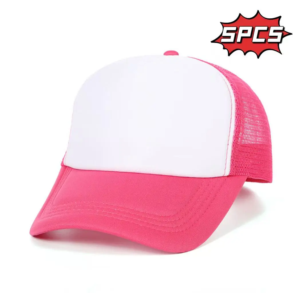 5pcs Breathable Mesh Baseball Cap - Pink and White Adjustable Trucker Hat for Men Women
