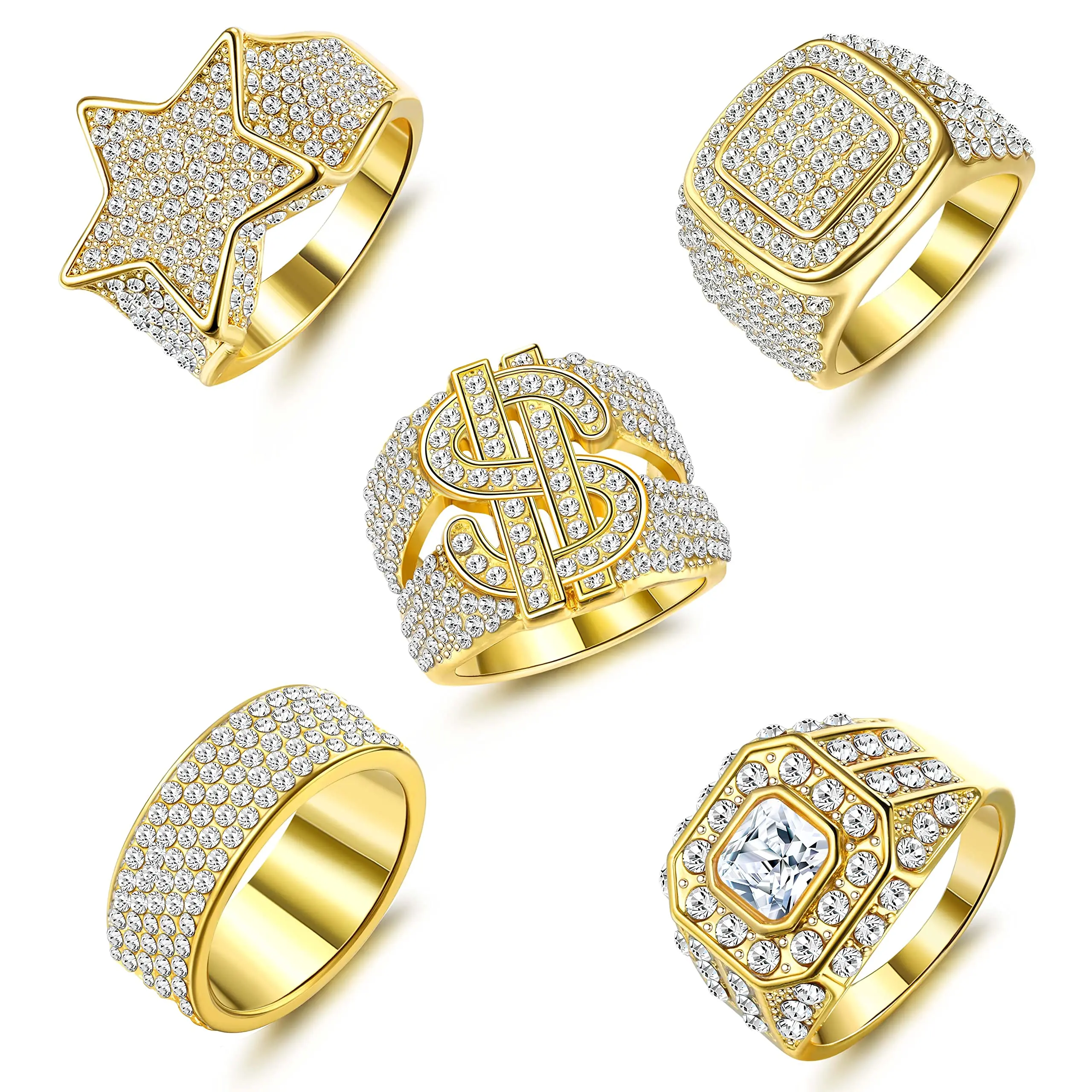 FASACCO 5pcs Bling Pinky Ring Iced Out Ring CZ Punky Rappers Ring Star Dollar Sign Hip Hop Ring for Men Gift Decorative Jewelry FallFreshness Summervibes