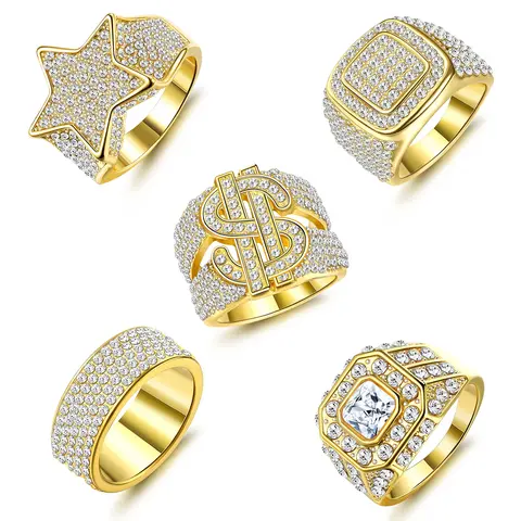 FASACCO 5pcs Sturdy Alloy Hip Hop Ring Set - Bling CZ Band Ring, Cubic Zirconia Sparkle Punky Rapper Star Dollar Sign Men's Costume Jewelry Gift (Fall Freshness Summervibes Sohochic)