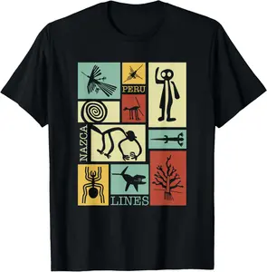 100% Cotton Nazca Lines Peru Geoglyphs Retro T-Shirt - Black, Small, Unisex, Short Sleeve, Classic Fit
