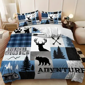 Bedding Set - 3pcs Blue, White, Brown and Black Adventure Pattern Down Comforter Set (1 comforter cover + 2 pillowcases, filling not included) A gift for family and friends, soft and comfortable, suitable for family bedrooms and guest rooms.