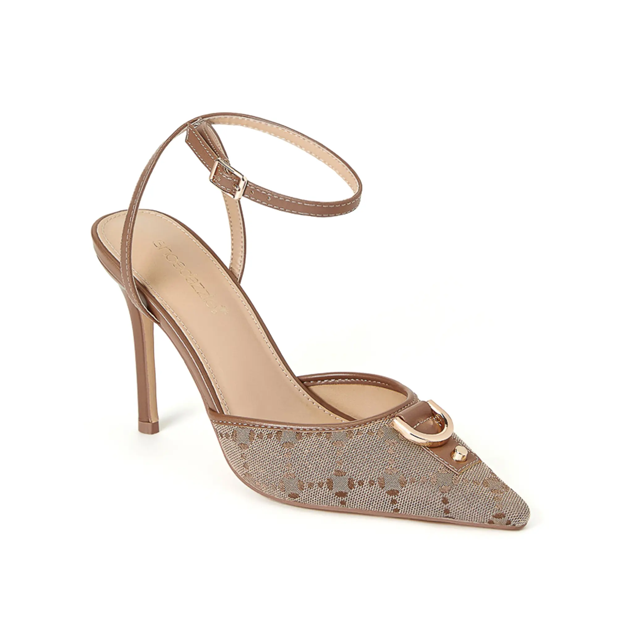 Women's Classic Buckle Toe Pumps - Heels for Women with 4-in Textured Stiletto Heel, Adjustable Ankle Strap and Metallic Accents, Footwear, Shoe, Walking Shoes, Comfortable Heels