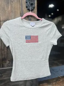 Free Bird Tee Light Heather Grey Ribbed Material with American Flag Design Women's T-Shirt