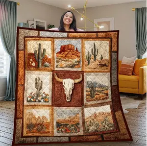 Southwestern Desert Quilt Blanket, Cactus Landscape With Bull Skull Blanket