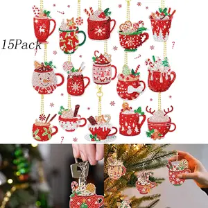 15 Pack Cute Hot Cocoa 5d Diamond Painting Ornaments Tag,Christmas Diamond Art Ornaments Kit,Family Home Party Decor,for Christmas