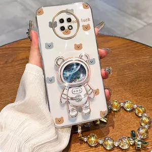 Redmi Note 9T Beautiful Lucky Bear Plating Golden Jewelry Strap Lanyard Phone Holder Case with The Encounter of Colorful Hearts and Stars Cover Compatible with For Xiaomi Redmi Note 9T