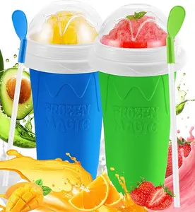 2 Pack Slushy Maker Cup, Frozen Magic Squeeze Cups for Juice Milk Yogurt Ice Cream Make, DIY Cooling Cup with Lid & Straw Cool Stuff Things for Kids Friends Family (Blue+Green)