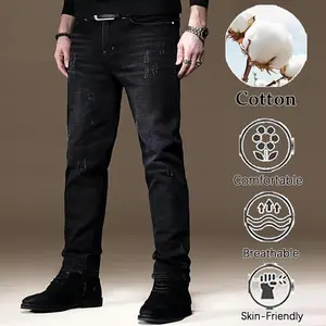 Men's Black Distressed Slim Fit Denim Jeans, Cotton Breathable Skin-Friendly Casual Pants