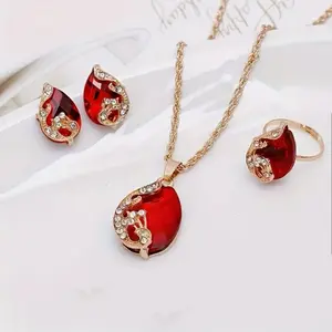 Elegant 3 Piece Artificial Crystal Peacock Necklace, Earrings, and Ring