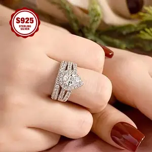 925 Sterling Silver Lady's Ring, Luxurious Teardrop Pear-shaped Design, Two-piece Set, Can Be Layered And Worn Separately, Fully Set With 5A Zirconia, Suitable For Daily Wear, Engagement Rin