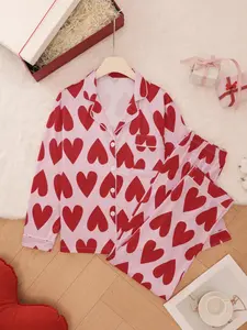 Two-piece Set Women's All Over Heart Print Button Front Pocket Top & Pants Pyjama Set, Casual Comfy Long Sleeve Lapel Neck Top & Trousers Pj Set, Ladies Sleepwear for All Seasons, Matching Pajamas, Pajamas, Pajamas Loungewear