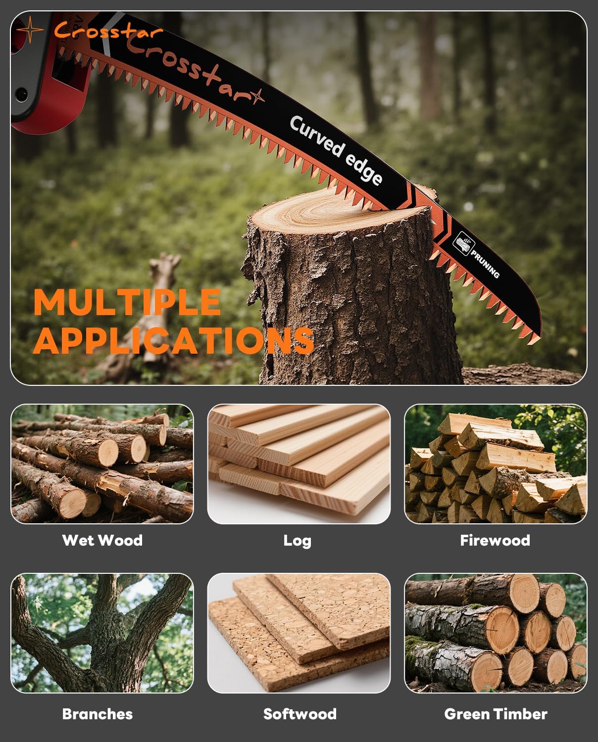 Crosstar 6 9 12 15 Inch Japanese Teeth Arc Edge Reciprocating Saw Blades - 6TPI Wood Pruning Blades for Tree Trimming, Branch Cutting,8-Piece