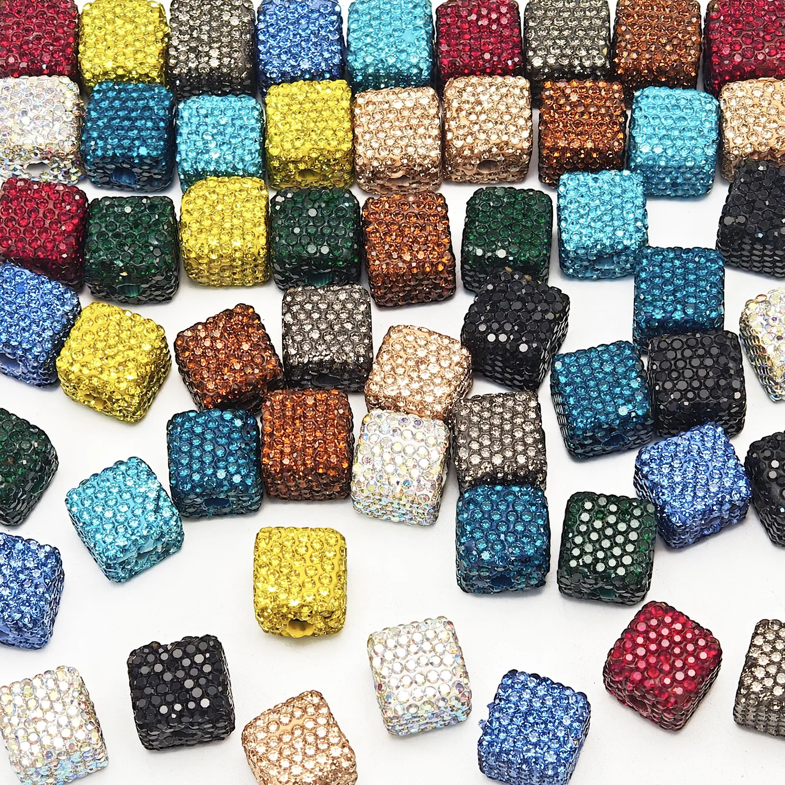 14pcs 14mm square rhinestone large-hole beads, mixed color resin spacer beads, suitable for DIY beadable pens, bracelets, and jewelry-making craft supplies.