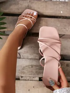 Women's Thin Strap Sandals, Nude Color Square Toe Flat Slip-On Slippers, Casual PU Leather Summer Footwear, Comfortable Low Heel Shoes