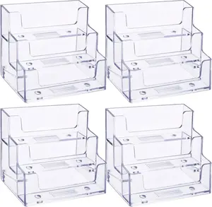 4Pcs 180 Cards Capacity Business Card Holder for Desk 3 Tiers Clear Acrylic Stand for Business Card Organizer Storage Holder Display for Office and Company