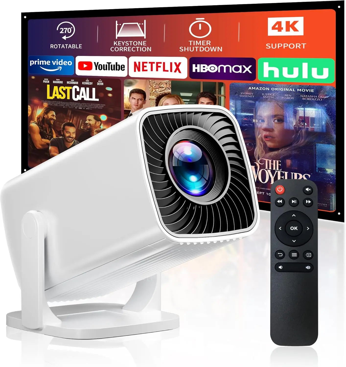 Mini Projector, Portable Projector 4K Support,  1080P Outdoor Projector, 270 Rotation Movie Projector, Compatible with Smartphone, TV Stick, Laptop, PS4, HDMI, USB (No WiFi or )