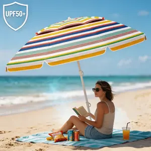 6.5 FT UPF50+ Beach Umbrella Shade, Windproof Heavy-Duty Outdoor Umbrella with Sand Anchor & Tilt, Portable Sun Shade with Carry Bag for Beach, Patio
