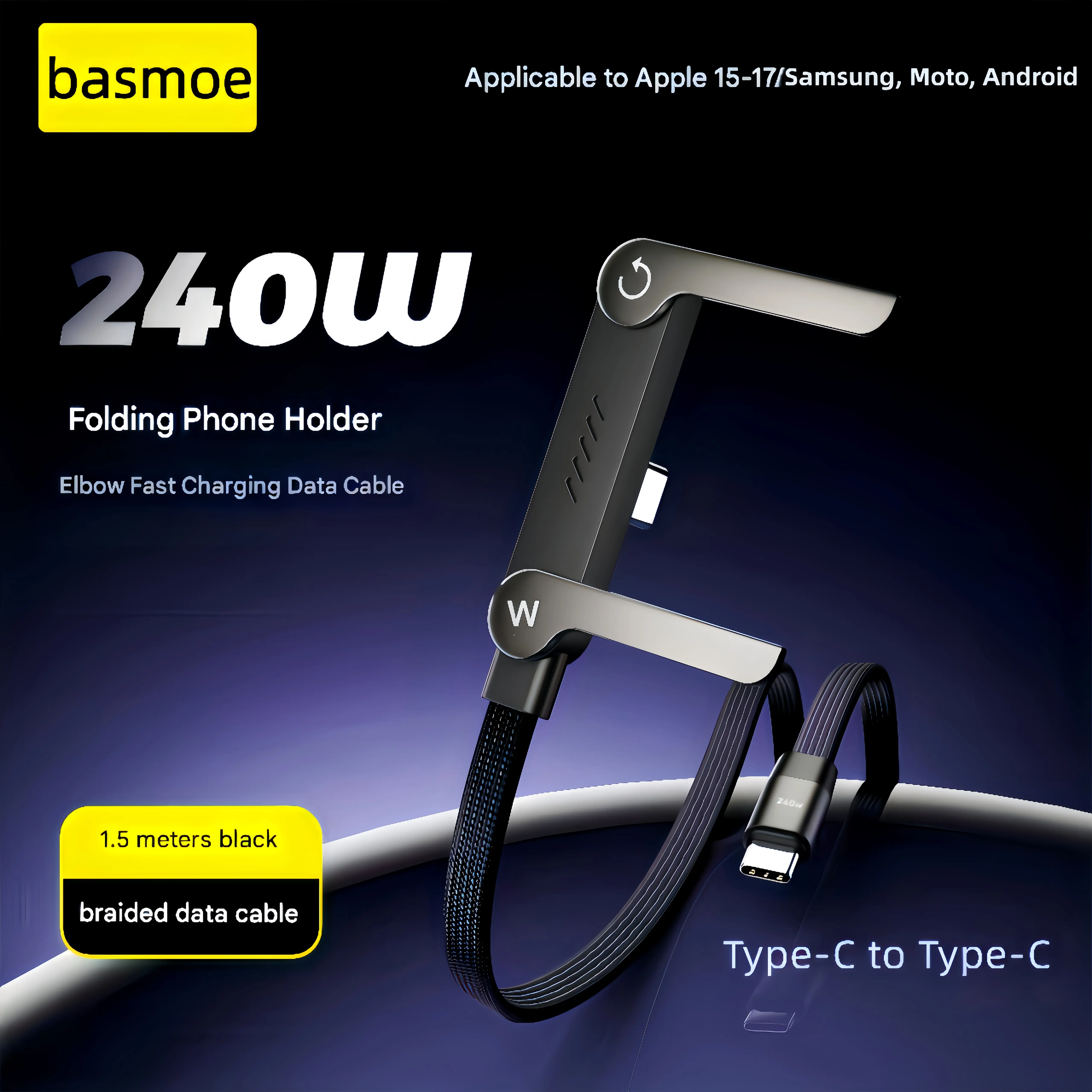Basemo Invisible Angled Stand with 1.5m Type-C Braided Data Cable + 240W Super Fast Charger, Suitable for Gaming, Office, and Car Use, Travel Essential, Compatible with Apple and Samsung Alloy Lightning