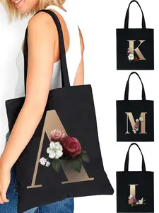 Fashion Letter Pattern Canvas Shoulder Bag, 1 Count Casual Shopping Bag for Women, Outdoor Picnic Tote Bag, Floral Letter Pattern Series Travel Storage Shoulder Bag