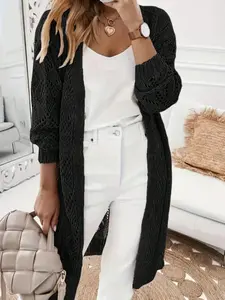 Women's Cardigan, Elegant Long Sleeve Open Knitwear Sweater with Lace Details, Perfect for Outings & Office Wear, Bohemian Style, Ideal for New Year