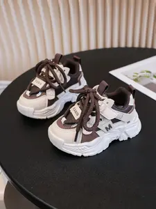 All Season Toddler Kids Low Top Chunky Sneakers, Boys Girls Khaki Brown Dad Shoes, Infant Little Kids Hook and Loop Lace-Up Athletic Shoes, Lightweight Soft Non Slip Breathable Running Shoes
