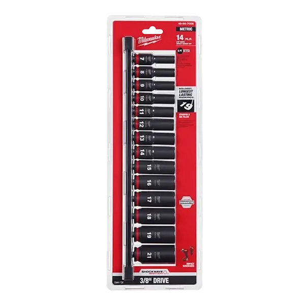 Milwaukee 49-66-7008 Shockwave Impact 3/8" Drive 6 Point Metric Deep Forged Steel Impact Sockets Set - 14PC Hand Tools, Ring Groove, Dual-Hole Design, Customizable Socket Rail, Lifetime Guarantee, Non-Slip Hex Geometry