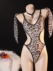 Women's Leopard Lace Hollow Out Bodysuit Set, Sleeveless Thin Strap Erotic Lingerie Underwear with Collar & Scarf Decor, Party/date Wear