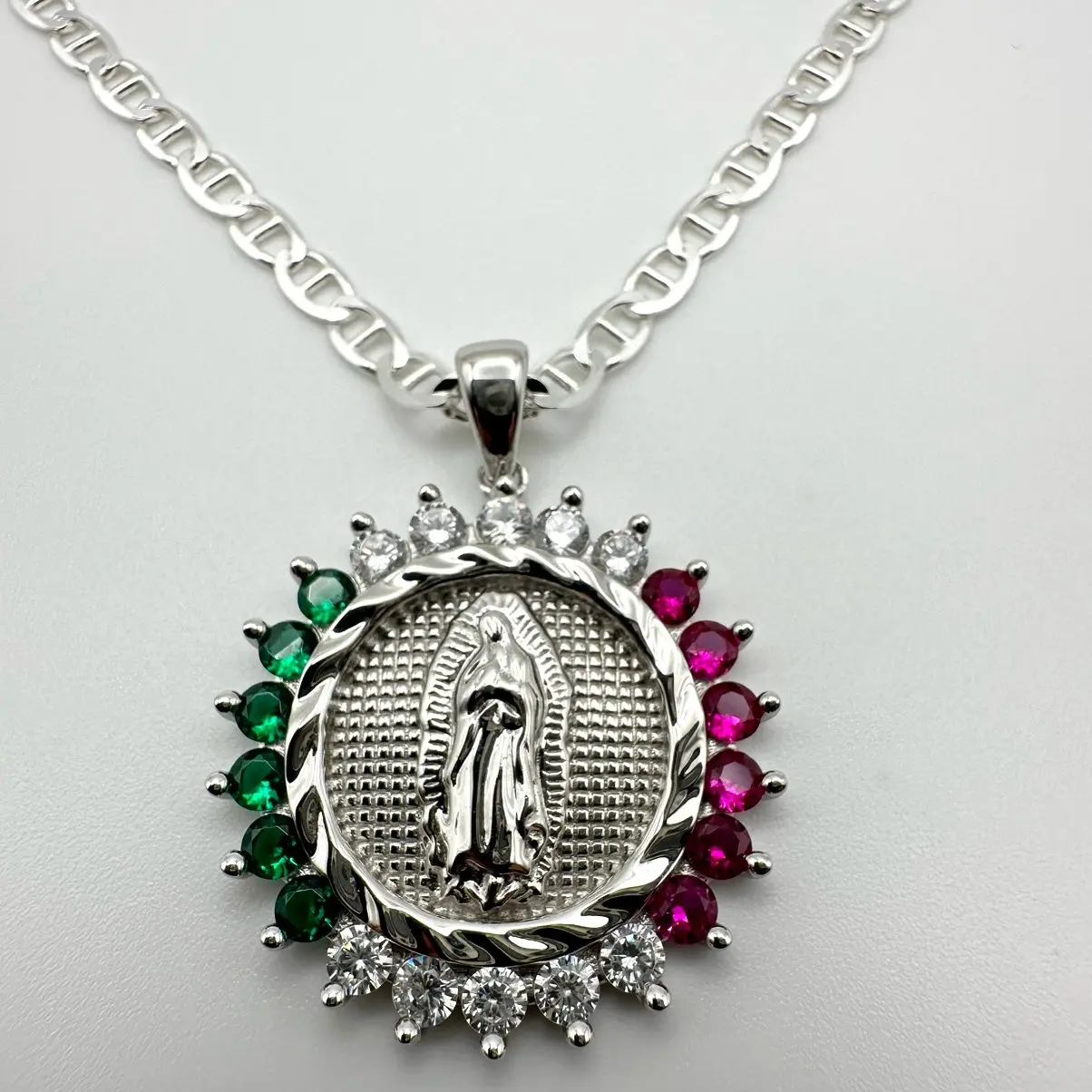 Virgin Mary Necklace Lady of Guadalupe Pendant 925 Sterling Silver with 24”inches  Chain Medalla Virgen Maria Miraculous Mary Medal Pressed Flower Catholic Religious Gift