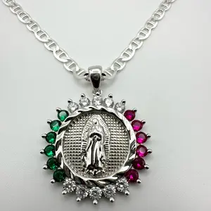 Virgin Mary Necklace Lady of Guadalupe Pendant 925 Sterling Silver with 24”inches  Chain Medalla Virgen Maria Miraculous Mary Medal Pressed Flower Catholic Religious Gift