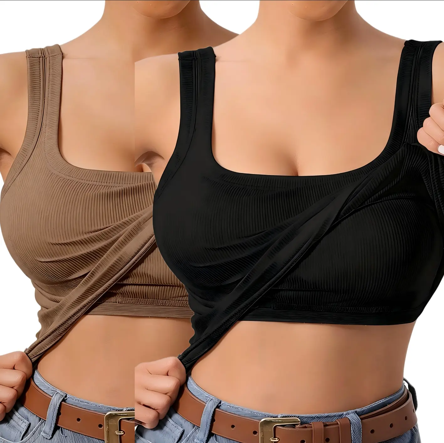 2 pcs women’s ribbed tank tops with square neckline, built-in bra, cross wrap design, slim cropped cami, sleeveless basic everyday vest; slimming fit, skin-friendly and breathable basic piece, suitable for layering or commuting; basic women’s ta,spaghetti
