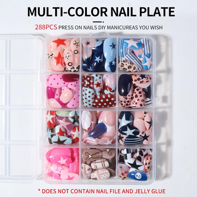 288pcs Acrylic Nail Tips Set, Stylish Acrylic Nails, Short Oval Star Leopard Bow Stripe Cartoon Dot French Design, Reusable Fake Nails for Women Girls