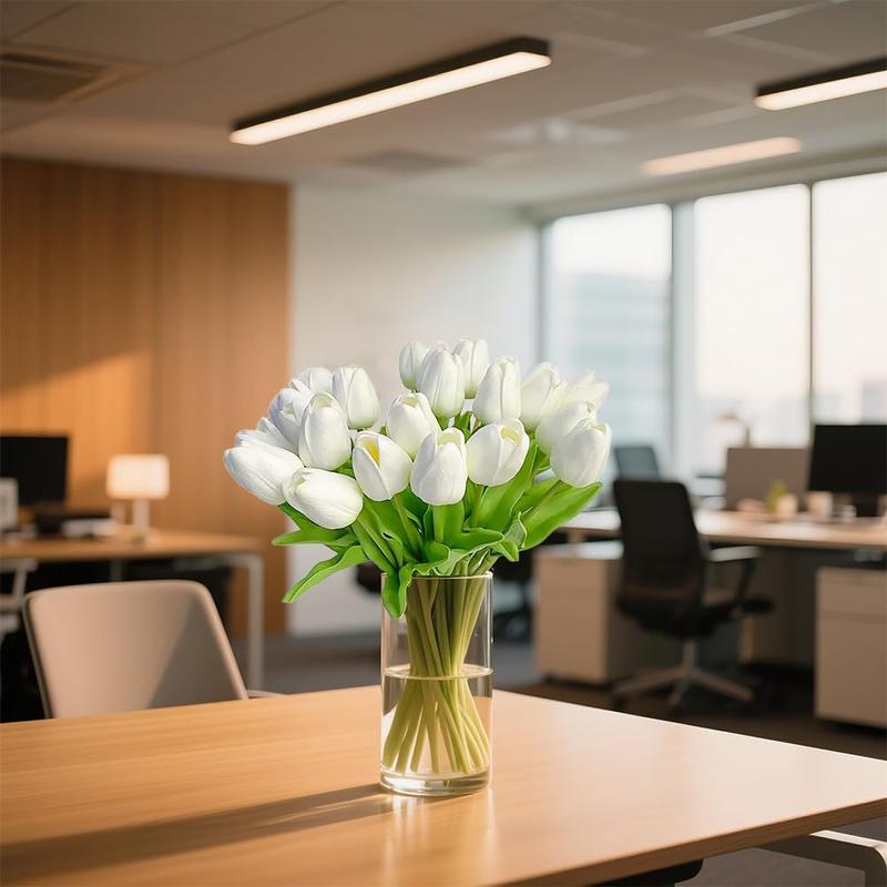 White Real Touch PU Artificial Tulips for Easter Valentine's Day Wedding BabyShower Table Centerpieces Mantel Shelf Bedroom Living Room Kitchen Home Decor RealisticSpring Flowers Fake Florals for Party Gift Office Patio Decoration