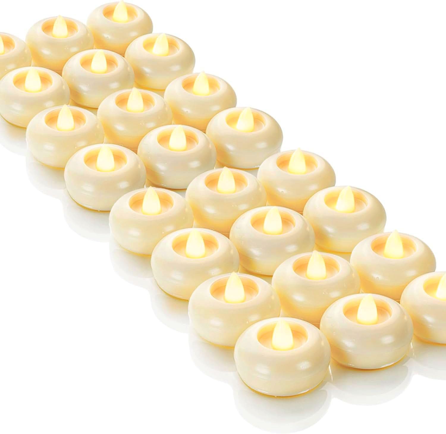 24 Pack 2” Flameless Led Floating Candles, 200 Hour Battery Operated Flickering Waterproof Tealights for Cylinder Vases, Centerpieces at Wedding, Party, Pool, Holiday (Ivory Base) 24 Pack 2” Flameless Led Floating Candles, 200 Hour Battery Operated Flickering Waterproof Tealights for Cylinder Vases, Centerpieces at Wedding, Party, Pool, Holiday (Ivory Base)