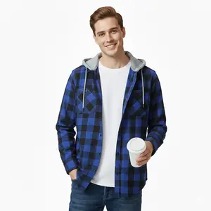 ZITY Men's Blue Plaid Hooded Flannel Shirt - Comfy Soft Fabric Button Down Hoodie - Casual Lightweight Checked Top for Men - Drake Style Streetwear gifts