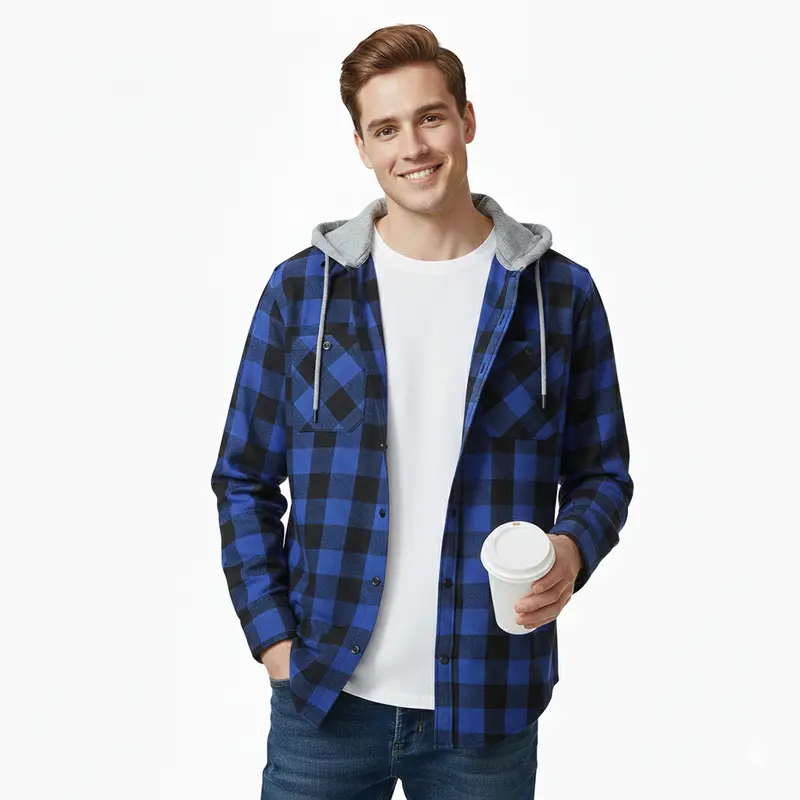 ZITY Men's Blue Plaid Hooded Flannel Shirt - Comfy Soft Fabric Button Down Hoodie - Casual Lightweight Checked Top for Men - Drake Style Streetwear gifts