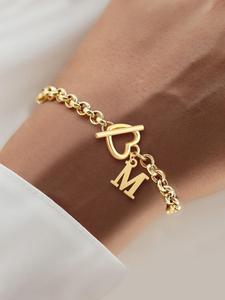 letter & heart design bracelet, fashionable personalized jewelry for women for party, daily clothing decor, trendy all-match & exquisite jewelry for birthday gift, golden tone bracelet