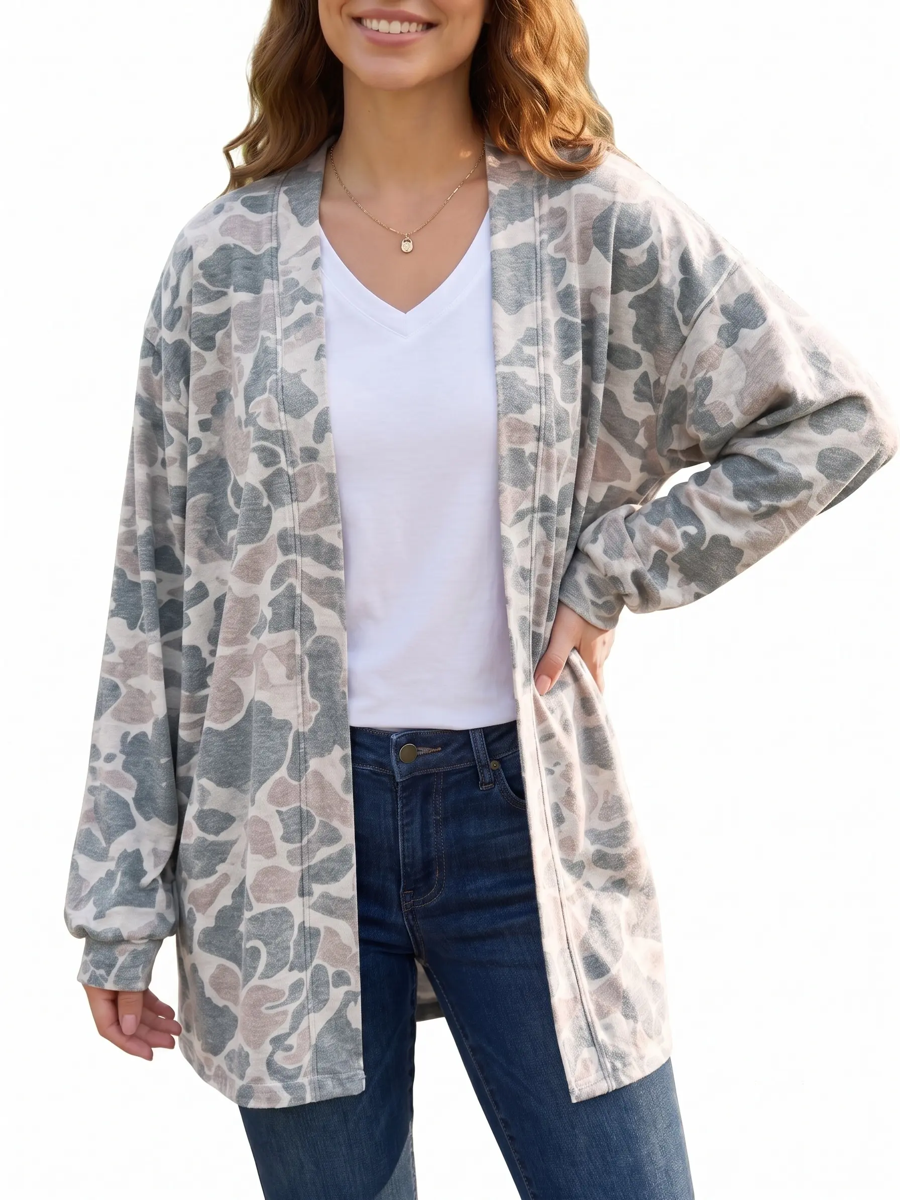 Women's Camouflage Print Cardigan Long Sleeve Open Front Tunic Lightweight Casual Duster Coat