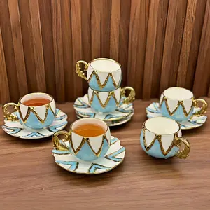 2pcs/set Embossed Coffee Cup Set Hand-Painted Gold Edge Blue, Luxury Modern European Ceramic, High-End Afternoon Tea Cups & Plates Gold Rim Cups Coffee Cup Saucer