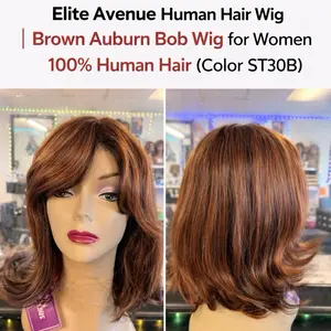 Elite Avenue Human Hair Wig | Brown Auburn Layered Bob | Glueless Wear & Go (Color ST30B)