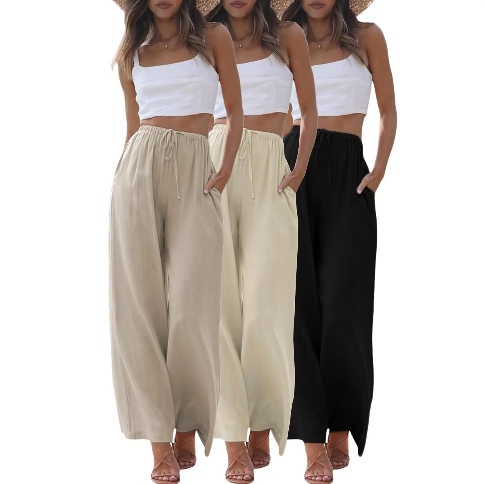 Yimoon 3 Pack Linen Pants for Women Summer Palazzo Pants Flowy Wide Leg Beach Pants with Pockets