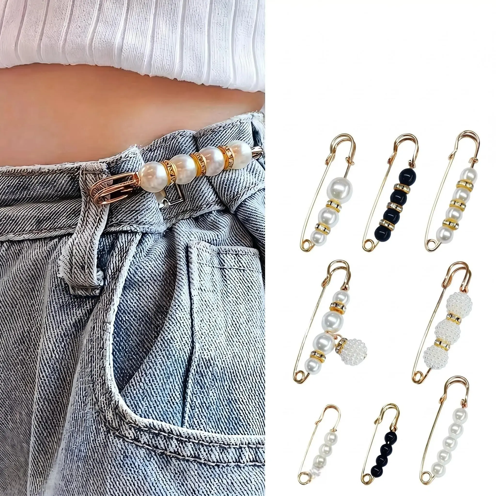 8 Pcs Pearl Brooch Pins,Safety Pins for Clothing Dress pants skirt Cardigan Collar，Faux Pearl Rhinestones Brooches for Women Girls Pants Extender Safety Pins
