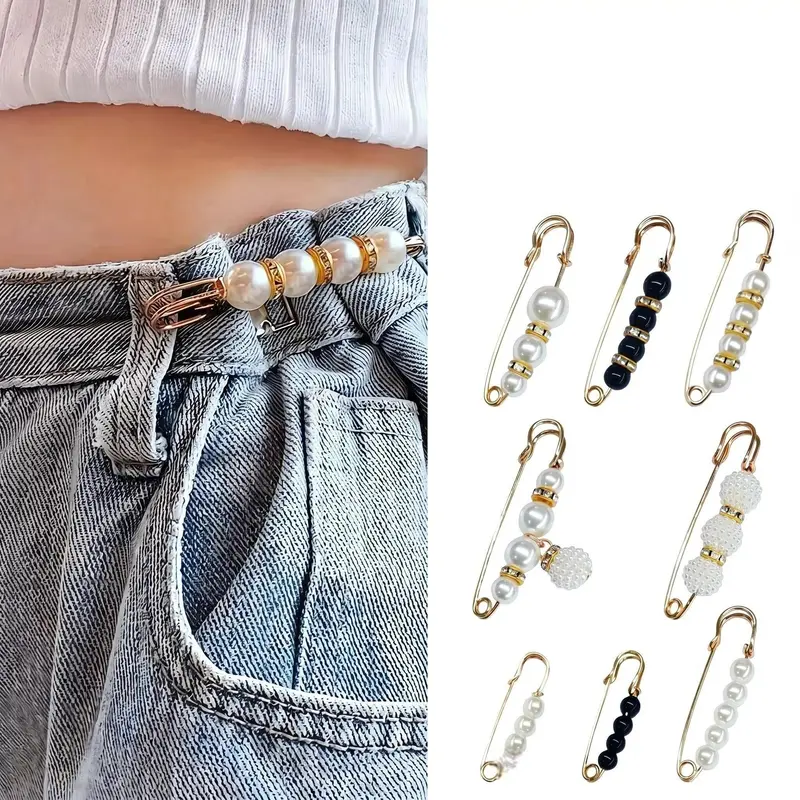 8 Pcs Pearl Brooch Pins,Safety Pins for Clothing Dress pants skirt Cardigan Collar,Faux Pearl Rhinestones Brooches for Women Girls Pants Extender Safety Pins