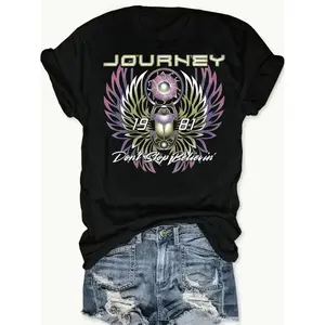 [100%25 Cotton] Women'S Retro Rock Band Graphic T-Shirt - "Journey: Never Stop Believin'" Print, Short Sleeve, Crew Neck, Casual Spring/Summer Top, Casual Wear |   Band Design Tee |   Graphic Print Te T-Shirt For Men And Women