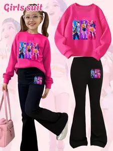 Girls K-Pop Demon Hunters Set, Fall & Winter Comfortable Fashion, Hoodie and Bell Bottom Pants, Creative Anime Print Cartoon Prints Sports Wear