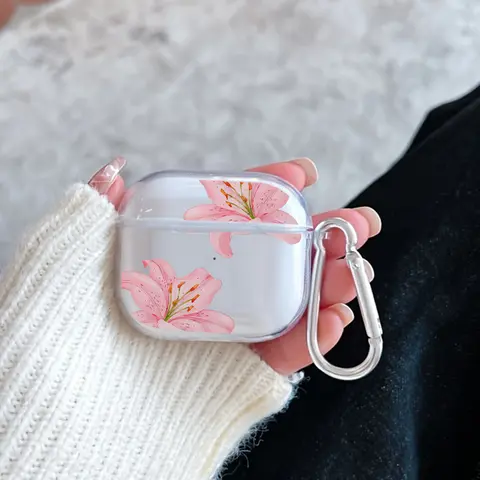 Unisex Minimalist Retro Floral Lily Pattern Transparent TPU Soft Earphone Case with Keychain Attachment Clip, TPU Shell Cushions Daily Bumps, Drops for AirPods 1/2/3/4/Pro/Pro2