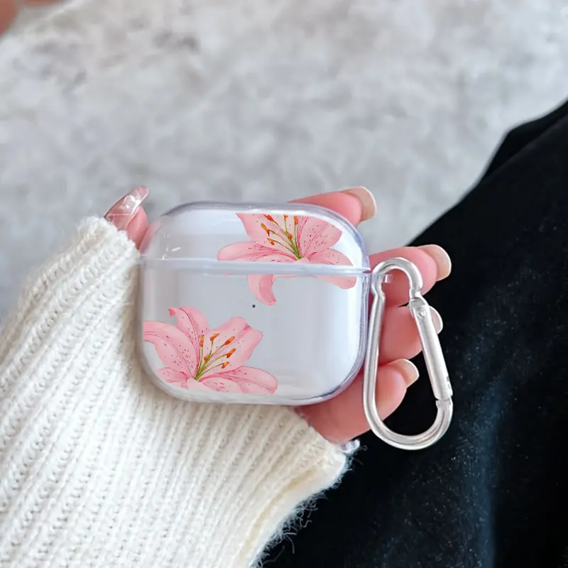 Unisex Minimalist Retro Floral Lily Pattern Transparent TPU Soft Earphone Case with Keychain Attachment Clip, TPU Shell Cushions Daily Bumps, Drops for AirPods 1/2/3/4/Pro/Pro2