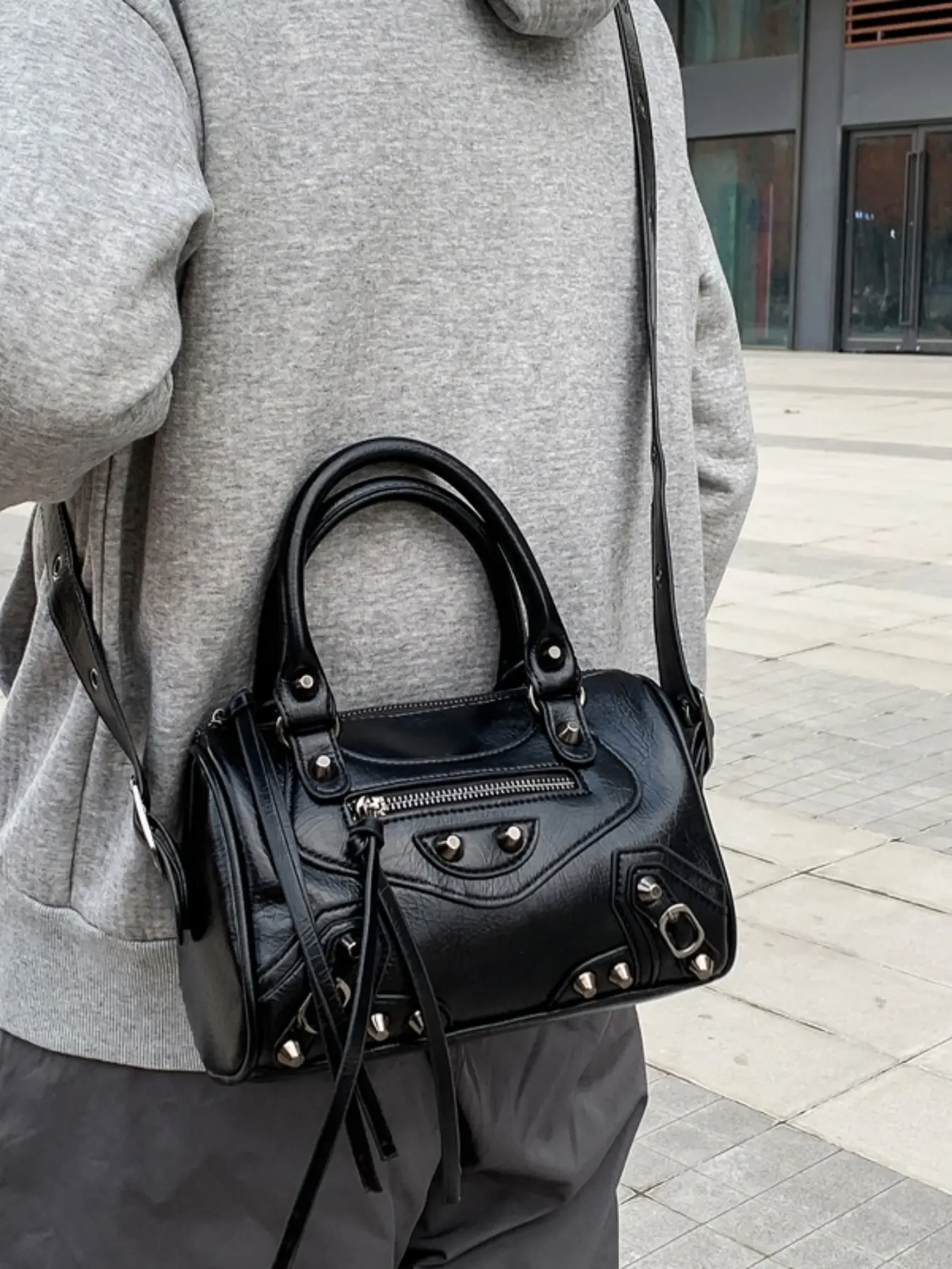 Mini Dark Motorcycle Style Boston Bag for Women, Vintage Chic